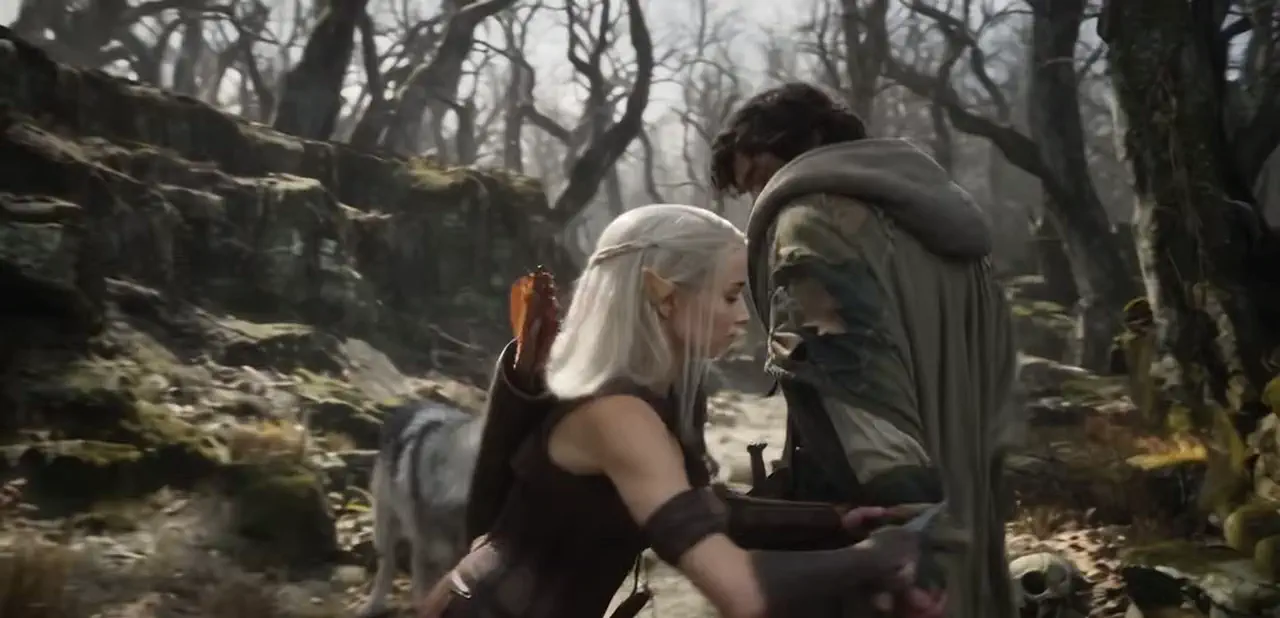 Two riders and a white horse in the dead forest
