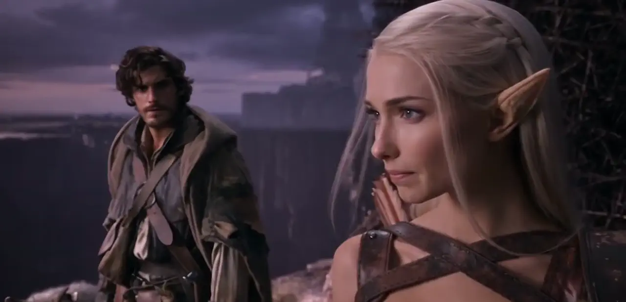 Lyra and Kael at the water's edge
